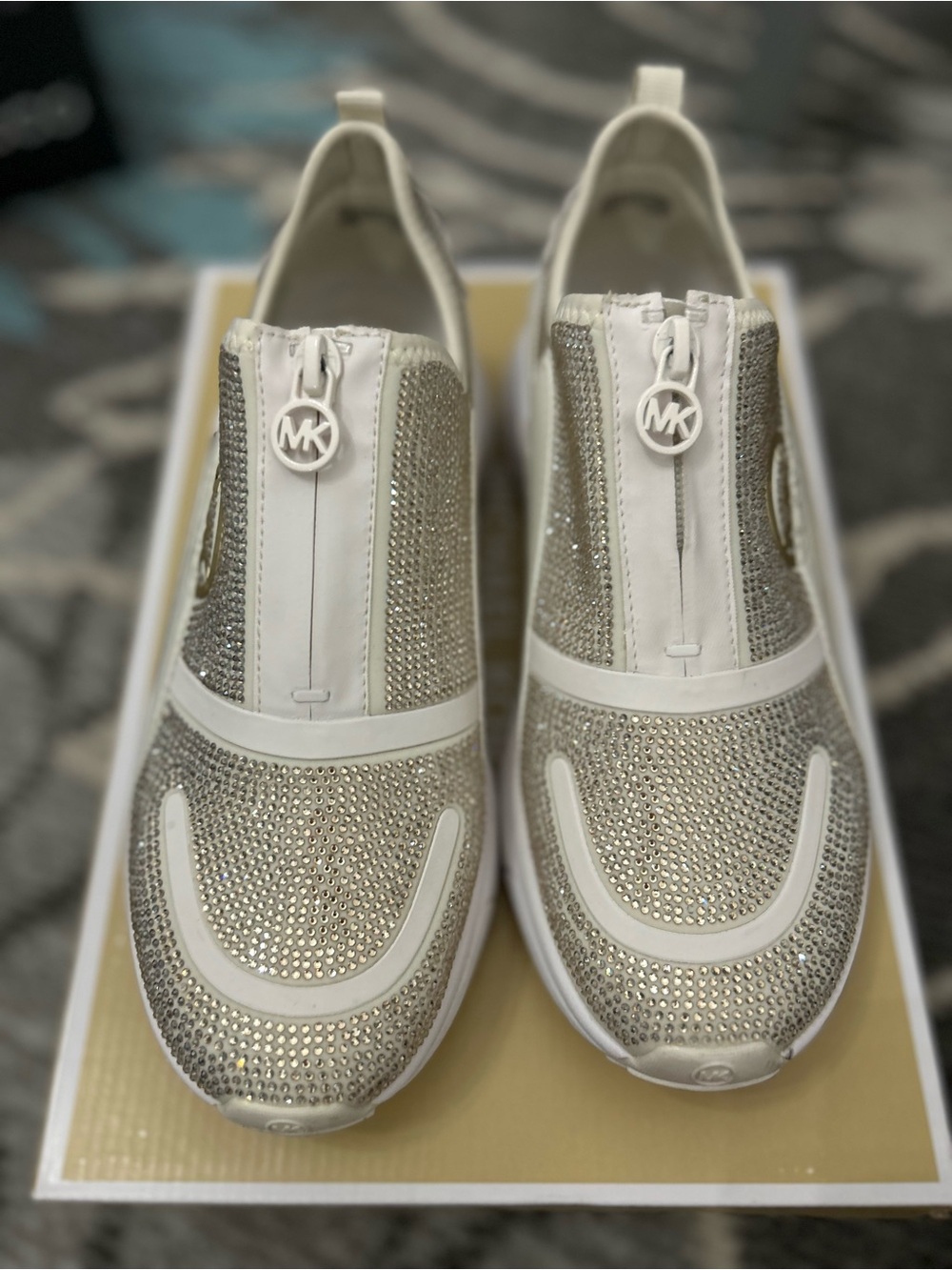 Michael Kors White and Silver Gold Crystal Zip-Front Slip-On Sneakers Size 7.5